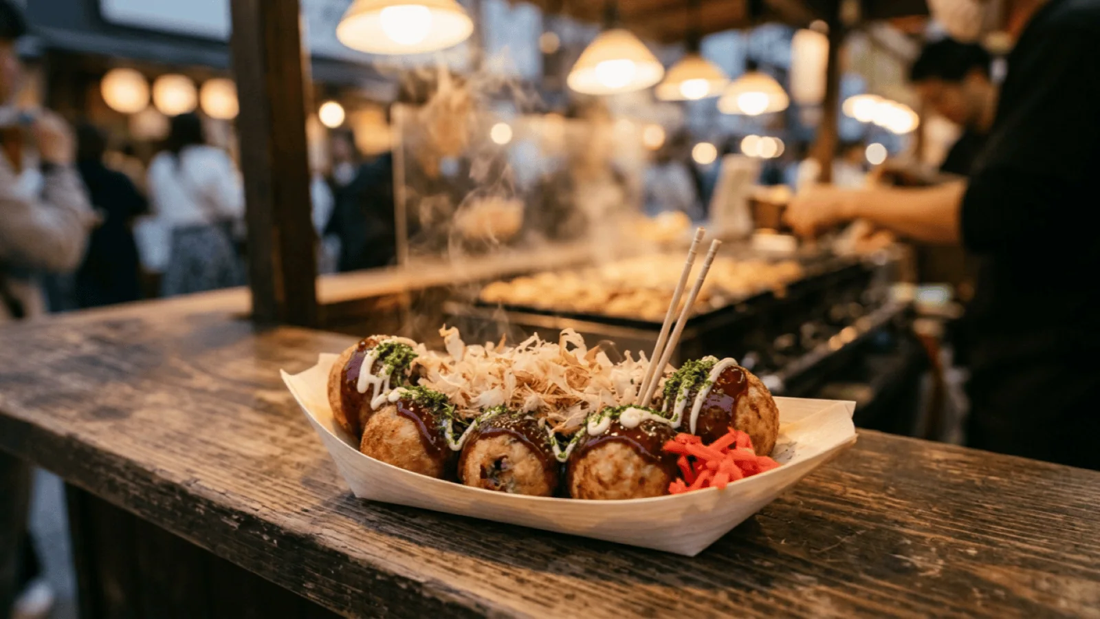 Barquette de takoyaki nappés de sauce et de mayonnaise, saupoudrés d’aonori et de copeaux de bonite, sur un stand d’Osaka