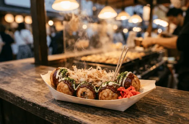 Barquette de takoyaki nappés de sauce et de mayonnaise, saupoudrés d’aonori et de copeaux de bonite, sur un stand d’Osaka