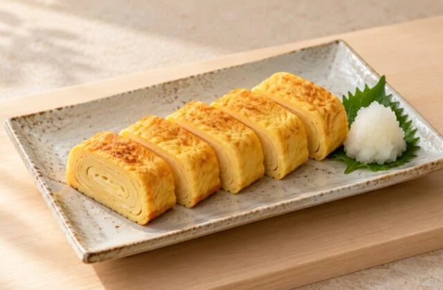 Tamagoyaki japonais coupé en tranches sur une assiette en céramique
