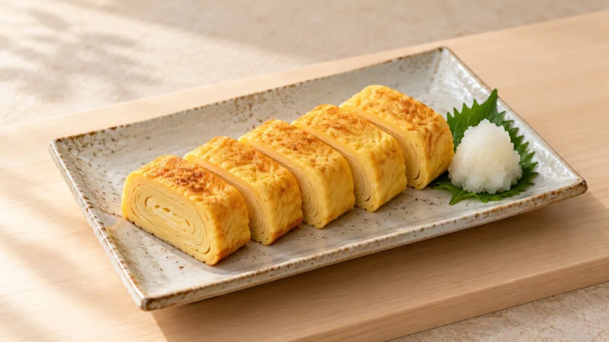 Tamagoyaki japonais coupé en tranches sur une assiette en céramique