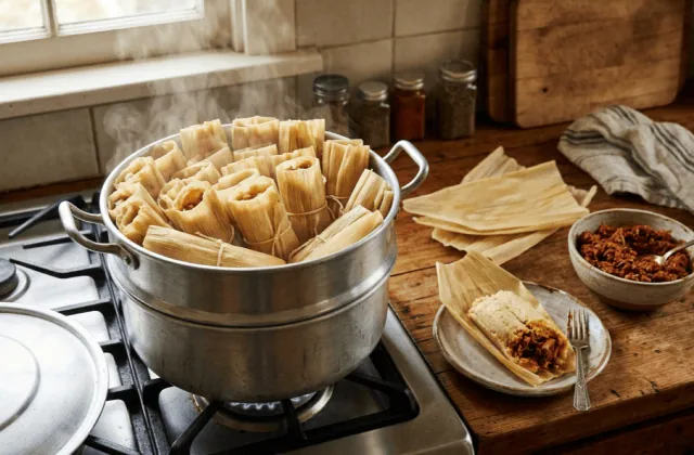 Tamales de porc en salsa roja tout juste cuits à la vapeur, debout dans le panier du cuit-vapeur