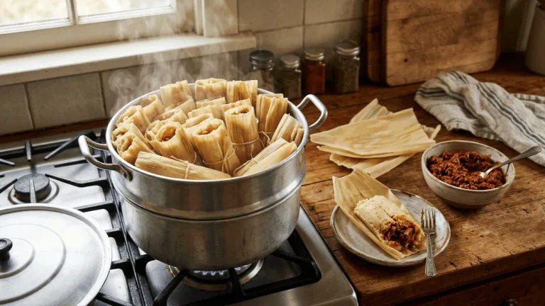 Tamales de porc en salsa roja tout juste cuits à la vapeur, debout dans le panier du cuit-vapeur