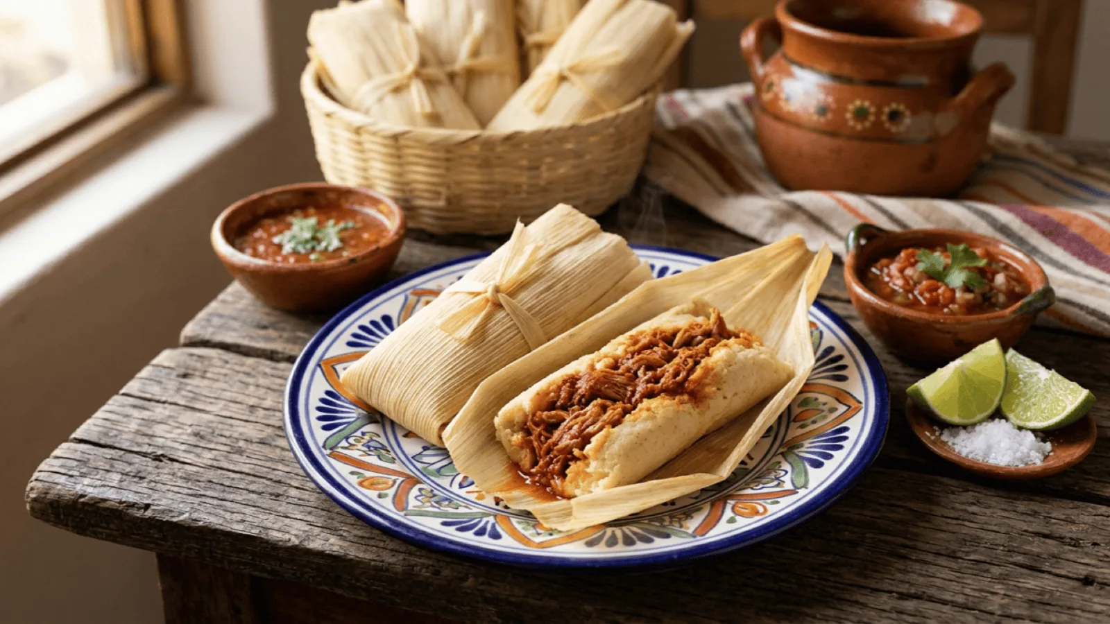 Tamales rojos mexicains : tamales dans leur feuille de maïs, l’un ouvert sur la masa et le porc en salsa roja, salsa et citron vert