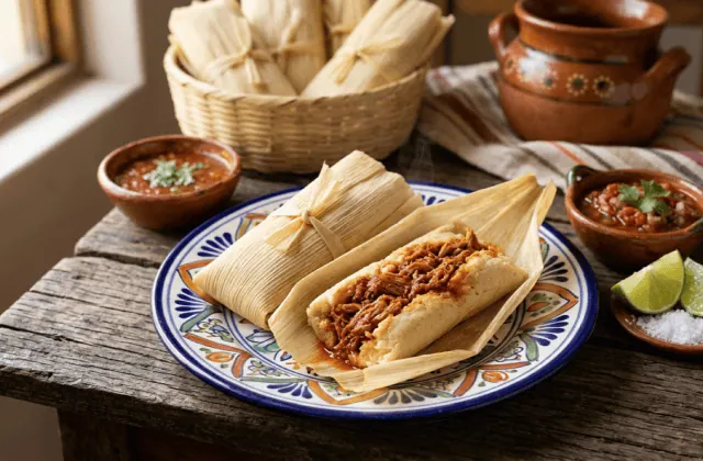 Tamales rojos mexicains : tamales dans leur feuille de maïs, l’un ouvert sur la masa et le porc en salsa roja, salsa et citron vert