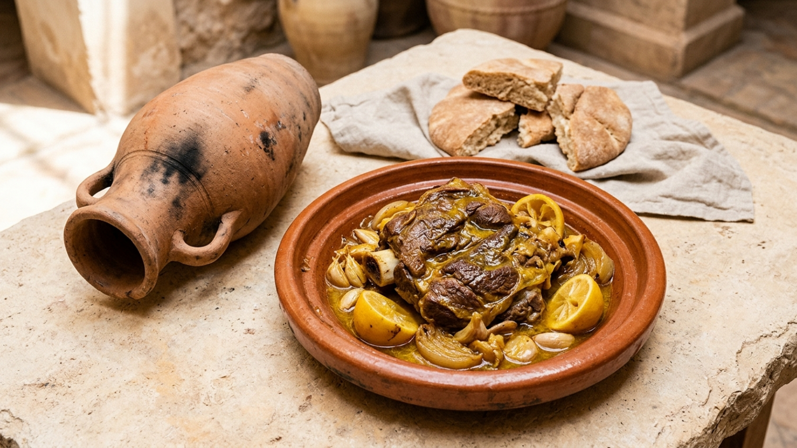 Tanjia marrakchie : jarret de bœuf confit au safran, citrons confits et ail, versé de sa jarre en terre cuite
