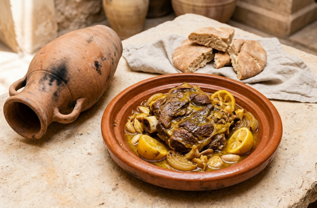Tanjia marrakchie : jarret de bœuf confit au safran, citrons confits et ail, versé de sa jarre en terre cuite