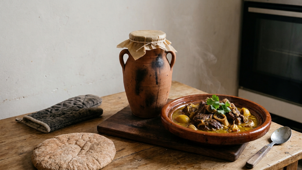 Tanjia maison sortie du four : jarre en terre cuite et jarret de bœuf confit au safran, citrons confits et ail