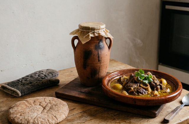 Tanjia maison sortie du four : jarre en terre cuite et jarret de bœuf confit au safran, citrons confits et ail