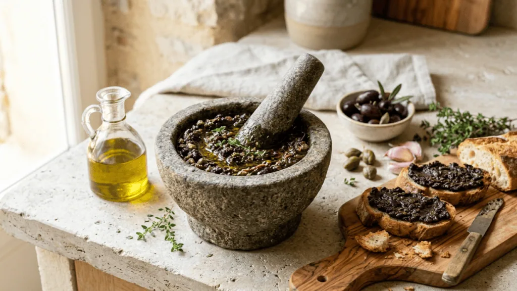 Tapenade noire maison dans un mortier en pierre, olives, câpres, ail et tartines de tapenade sur une planche