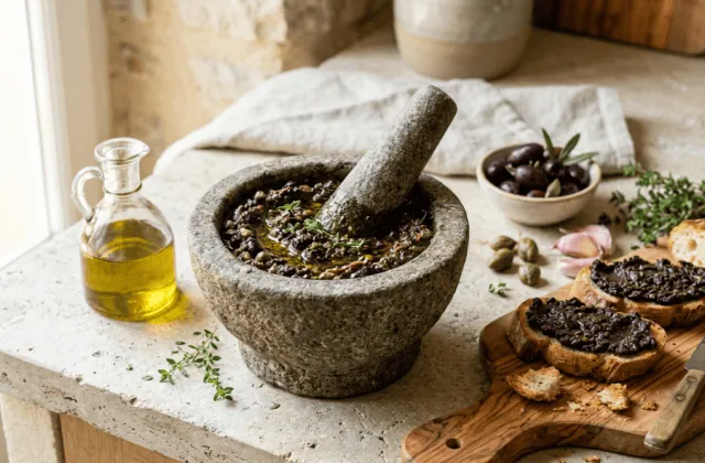 Tapenade noire maison dans un mortier en pierre, olives, câpres, ail et tartines de tapenade sur une planche