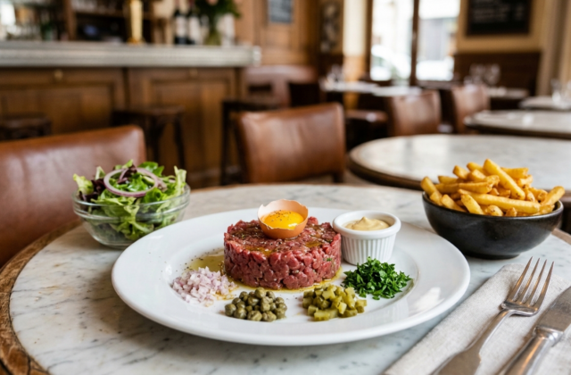 Tartare de bœuf de bistrot : bœuf taillé au couteau, jaune d’œuf dans sa coquille, câpres, cornichons, échalote et persil, frites et salade