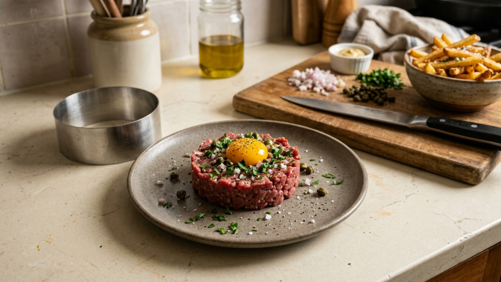 Tartare de bœuf maison dressé à l’emporte-pièce, jaune d’œuf, câpres et persil, frites maison en arrière-plan