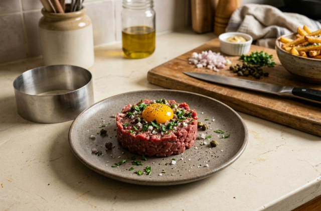 Tartare de bœuf maison dressé à l’emporte-pièce, jaune d’œuf, câpres et persil, frites maison en arrière-plan