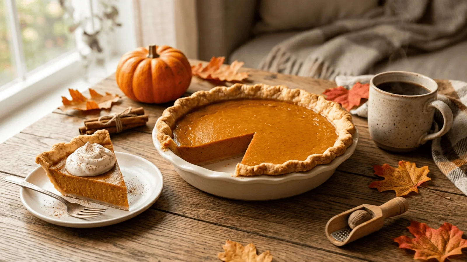 Tarte à la citrouille entamée, part servie avec chantilly et cannelle, petite citrouille, feuilles d’automne et café