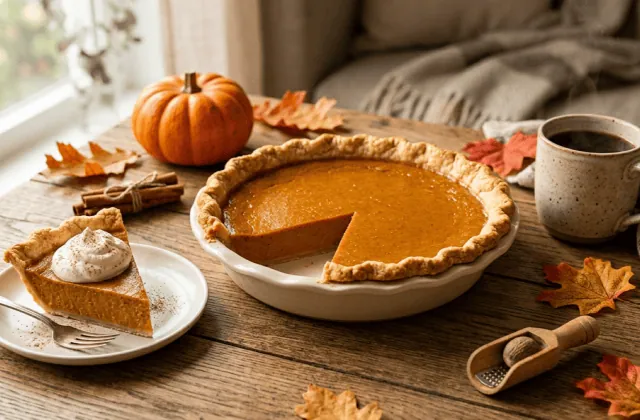 Tarte à la citrouille entamée, part servie avec chantilly et cannelle, petite citrouille, feuilles d’automne et café