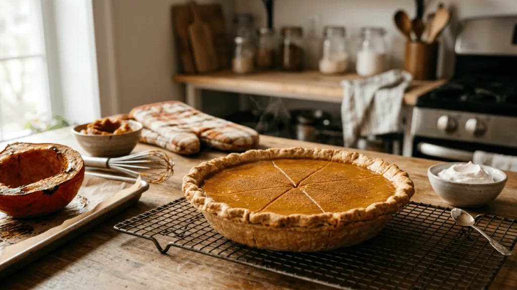 Tarte à la citrouille maison refroidissant sur une grille, potimarron rôti, purée, fouet et chantilly