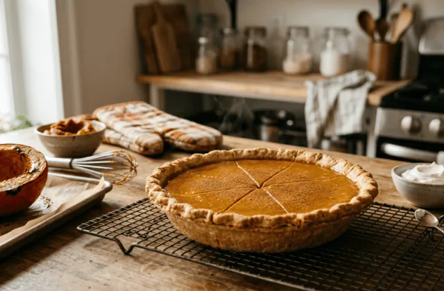 Tarte à la citrouille maison refroidissant sur une grille, potimarron rôti, purée, fouet et chantilly