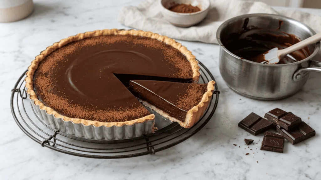 Tarte au chocolat à la ganache lisse et brillante sur une grille, part découpée, casserole de ganache et carrés de chocolat