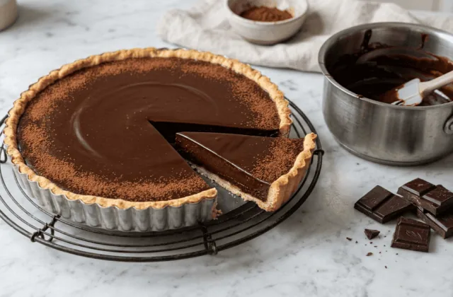 Tarte au chocolat à la ganache lisse et brillante sur une grille, part découpée, casserole de ganache et carrés de chocolat