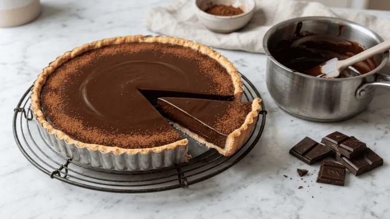 Tarte au chocolat à la ganache lisse et brillante sur une grille, part découpée, casserole de ganache et carrés de chocolat