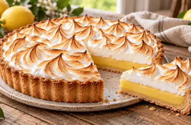 Tarte au citron meringuée avec une part découpée montrant la pâte, la crème citron et la meringue