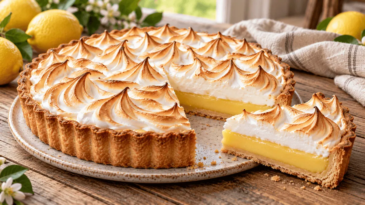 Tarte au citron meringuée avec une part découpée montrant la pâte, la crème citron et la meringue