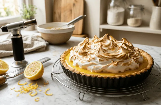 Tarte au citron meringuée maison sur une grille, meringue italienne dorée au chalumeau et citrons coupés