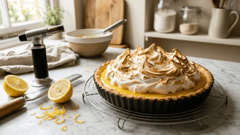 Tarte au citron meringuée maison sur une grille, meringue italienne dorée au chalumeau et citrons coupés