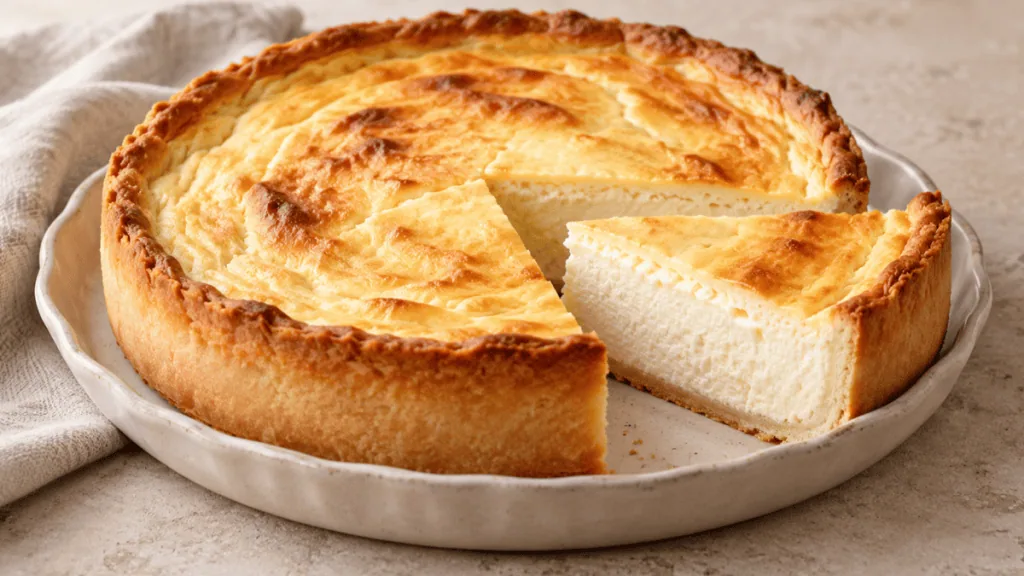 Tarte au fromage blanc alsacienne haute et dorée avec une part découpée