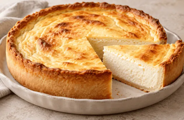 Tarte au fromage blanc alsacienne haute et dorée avec une part découpée