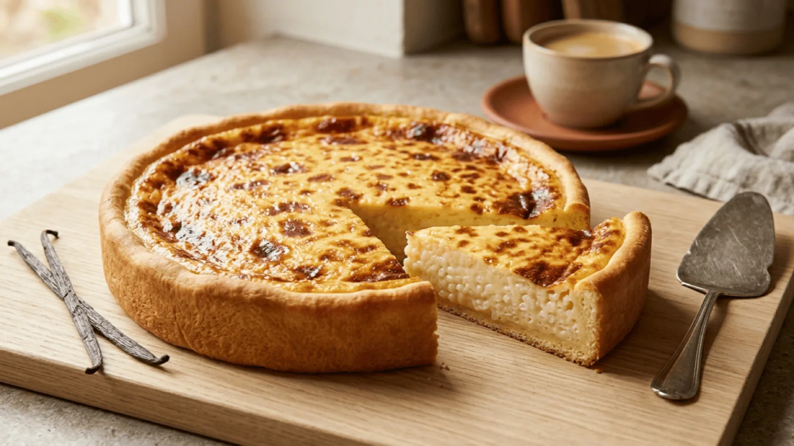 Tarte au riz de Verviers entière avec une part coupée : pâte levée dorée, épaisse garniture de riz au lait vanillé et dessus caramélisé