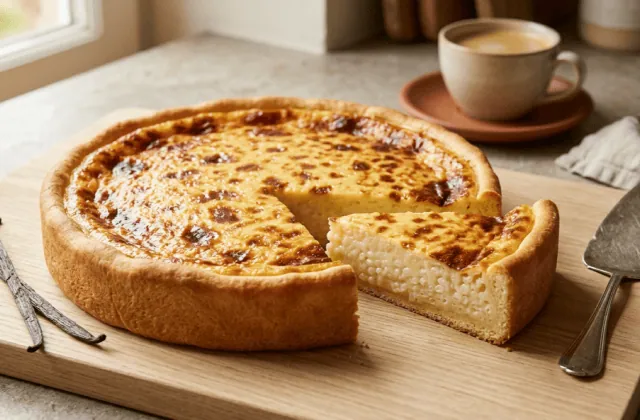 Tarte au riz de Verviers entière avec une part coupée : pâte levée dorée, épaisse garniture de riz au lait vanillé et dessus caramélisé