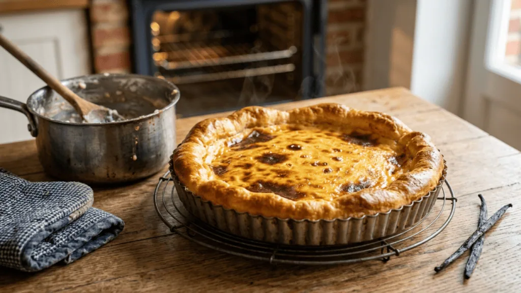Tarte au riz de Verviers tout juste sortie du four dans son moule, sur une grille, à côté de la casserole de riz au lait