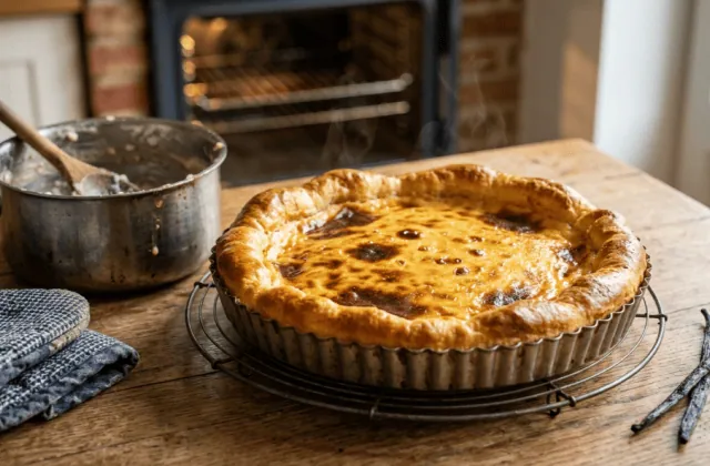 Tarte au riz de Verviers tout juste sortie du four dans son moule, sur une grille, à côté de la casserole de riz au lait