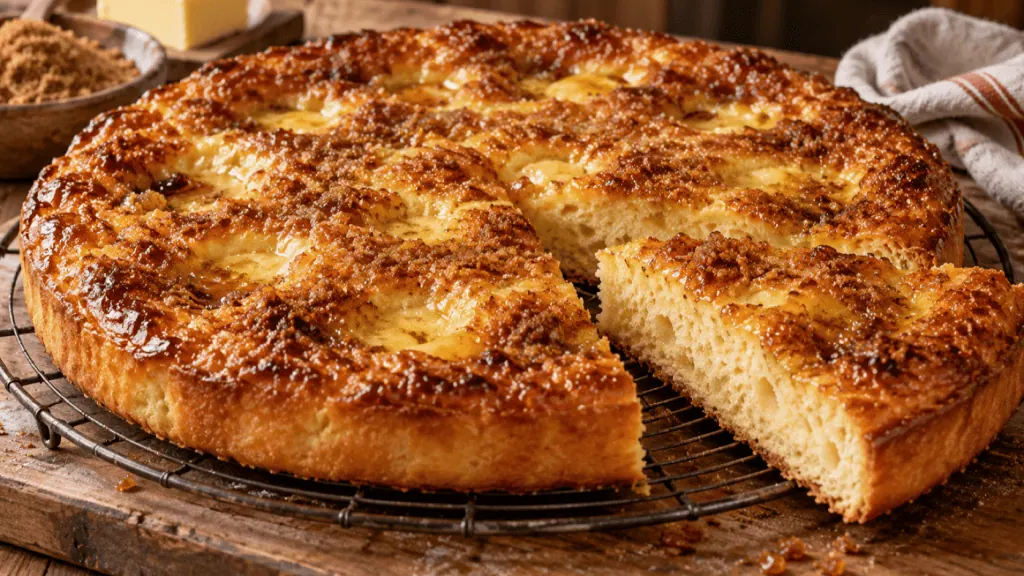 Tarte au sucre briochée à la vergeoise avec une part découpée