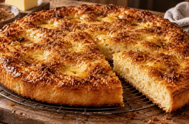 Tarte au sucre briochée à la vergeoise avec une part découpée