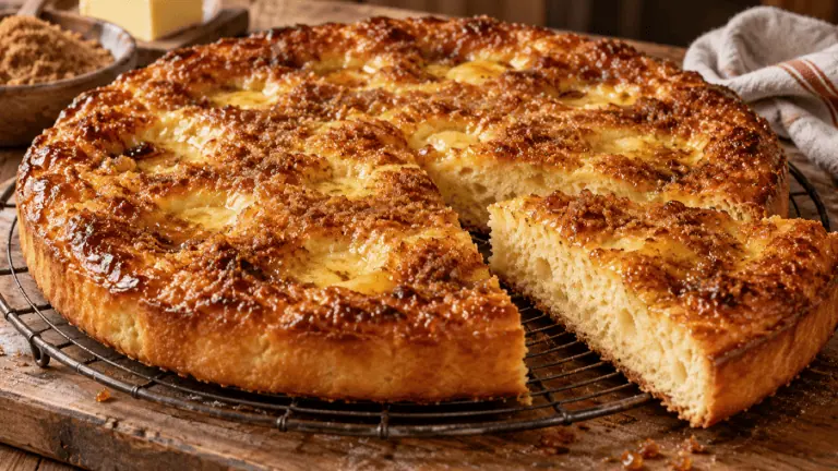 Tarte au sucre briochée à la vergeoise avec une part découpée