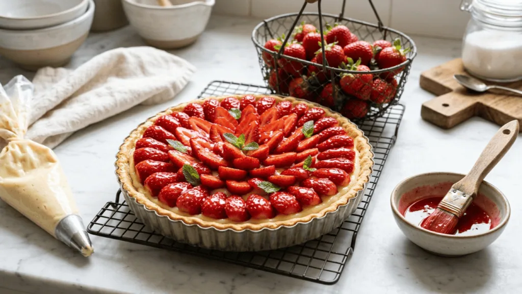 Tarte aux fraises à la crème pâtissière sur une grille, fraises nappées en rosace, pinceau et nappage