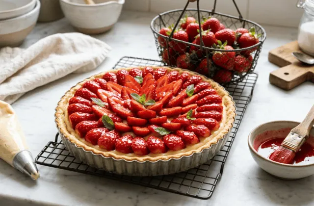 Tarte aux fraises à la crème pâtissière sur une grille, fraises nappées en rosace, pinceau et nappage