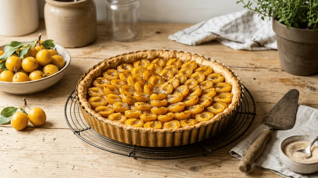 Tarte aux mirabelles de Lorraine sortie du four, mirabelles dorées et caramélisées, mirabelles fraîches et pelle à tarte