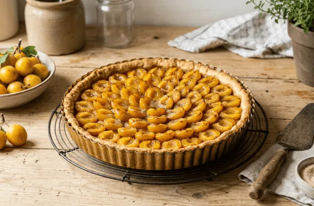 Tarte aux mirabelles de Lorraine sortie du four, mirabelles dorées et caramélisées, mirabelles fraîches et pelle à tarte