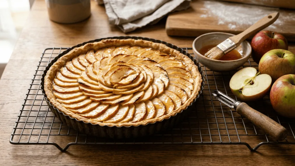 Tarte aux pommes maison en rosace dorée et nappée sur une grille, pinceau, pommes entières et coupées