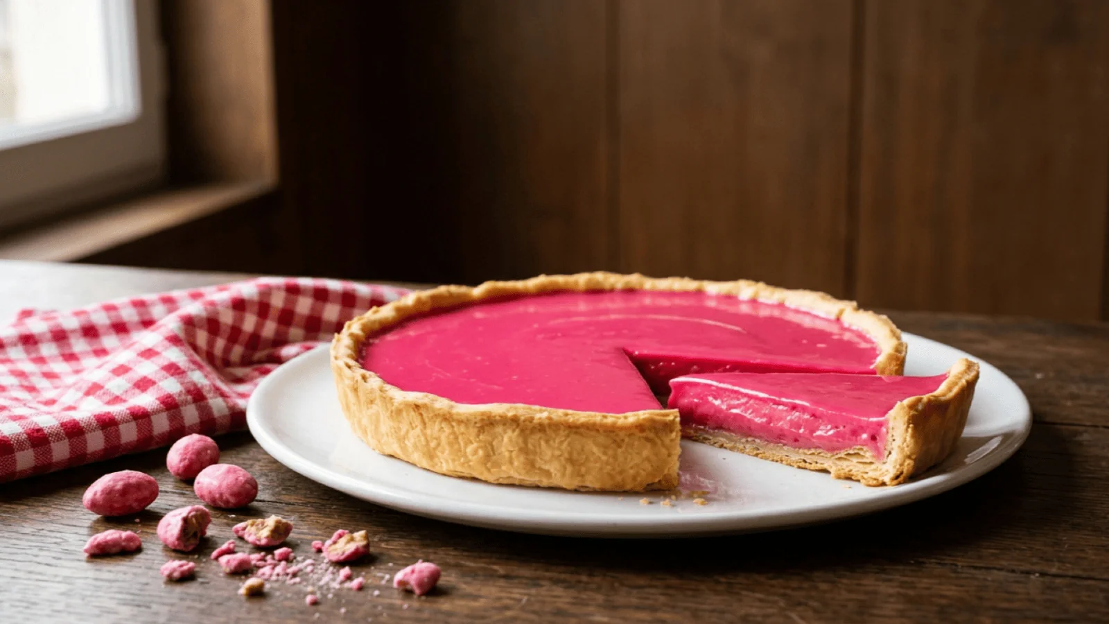 Tarte aux pralines lyonnaise entamée, garniture rose fuchsia brillante sur pâte brisée dorée, pralines roses autour