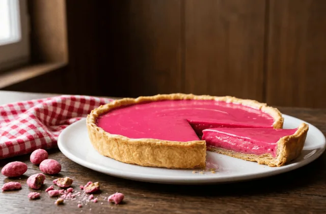 Tarte aux pralines lyonnaise entamée, garniture rose fuchsia brillante sur pâte brisée dorée, pralines roses autour