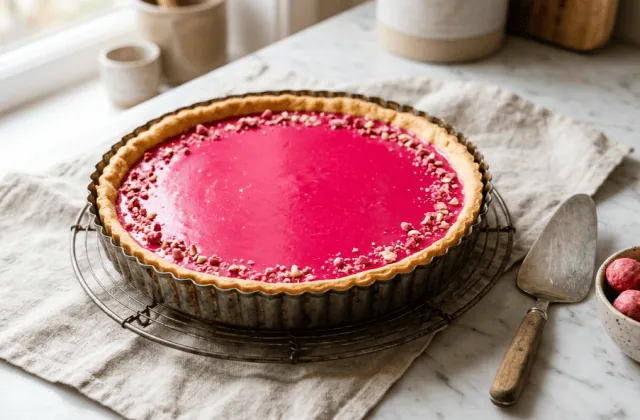 Tarte aux pralines lyonnaise maison entière dans son moule cannelé, garniture rose lisse et éclats de pralines