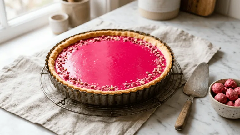 Tarte aux pralines lyonnaise maison entière dans son moule cannelé, garniture rose lisse et éclats de pralines