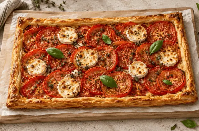 Tarte fine aux tomates, fromage de chèvre, thym et basilic