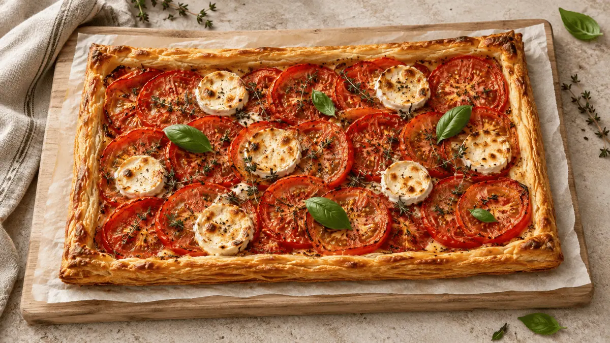 Tarte fine aux tomates, fromage de chèvre, thym et basilic