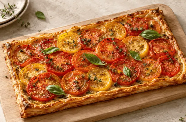 Tarte fine croustillante aux tomates rouges et jaunes, moutarde et herbes
