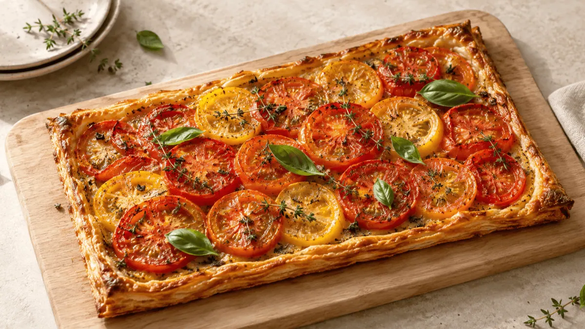 Tarte fine croustillante aux tomates rouges et jaunes, moutarde et herbes